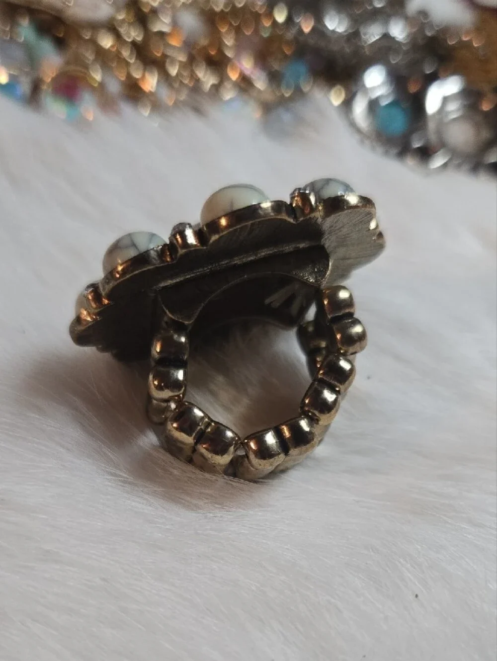 Artisan White Crackle Stone Statement Adjustable Ring NWOT